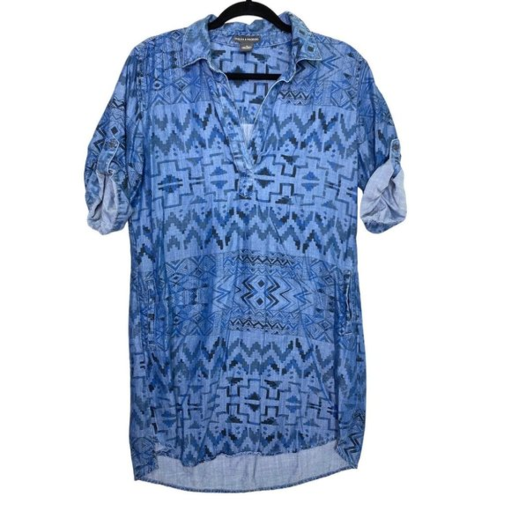 Chelsea & Theodore Aztec Chambray Tencel Shift Shirt Dress Womens Medium‎ Blue